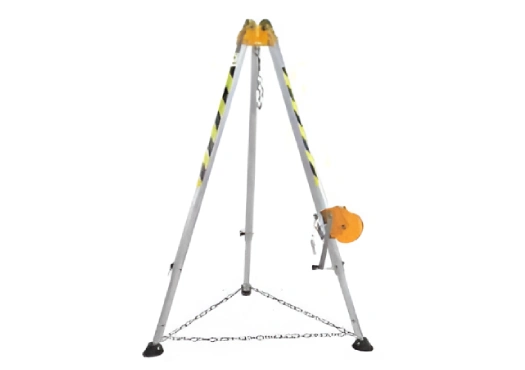 Technician inspecting a rescue tripod for safety compliance